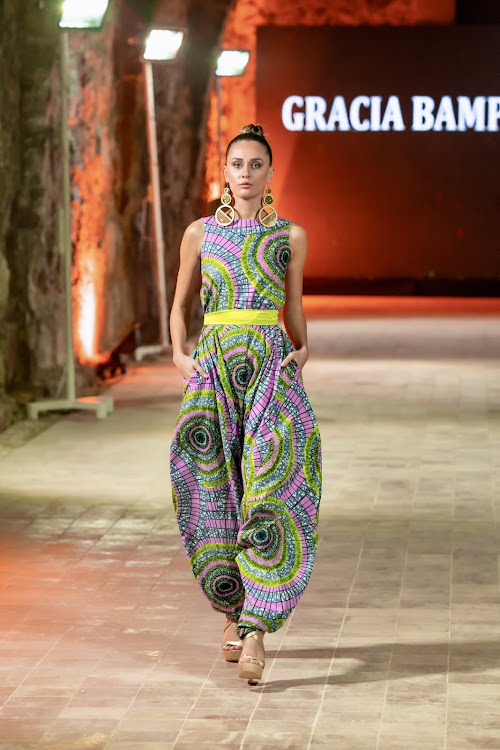 Model showcases designs by Haute Afrika in Antalya, Turkey.