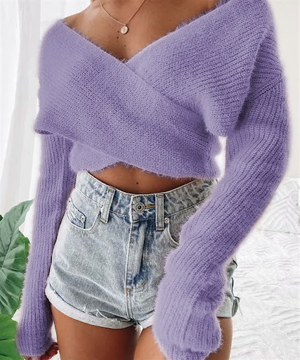 Title 14, Furry Cross V-neck Long Sleeve Top Sweater Sexy...
