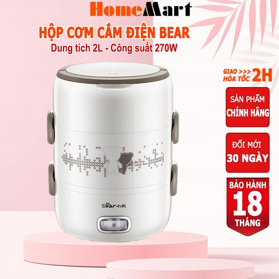 Hộp Cơm Cắm Điện Bear, Hâm Nóng Và Tự Nấu Chín Thức Ăn, 3 Khay Inox 2L – Hàng Chính Hãng Bh 6 - 18 Tháng