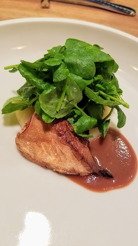 Farm Spirit 7:45 PM seating on December 16th dinner: Pan roasted Abalone mushroom with potato puree, red onion sauce, and watercress.