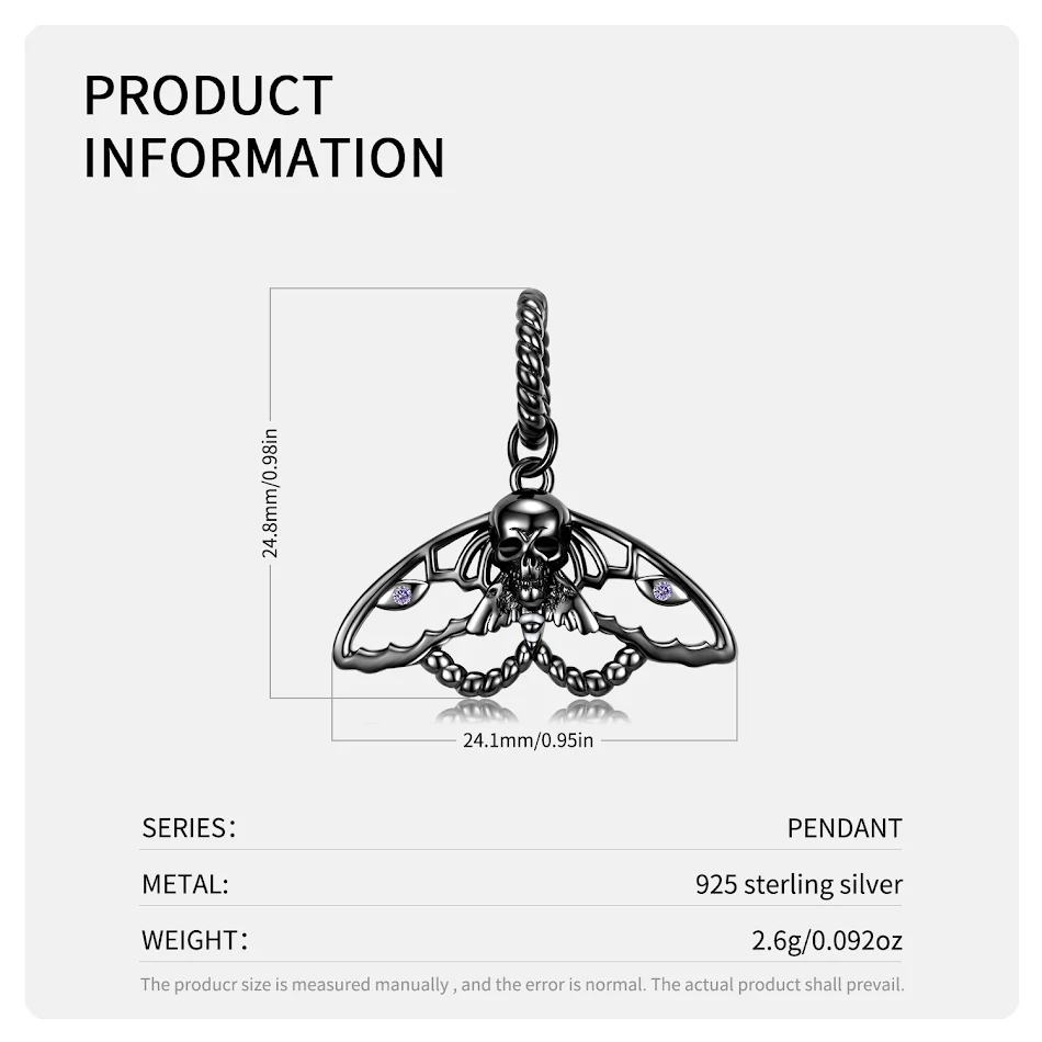 Pendentif tête de mort et papillon de nuit en argent S925 plaqué or noir, collier personnalité dark wind pour un style unique.