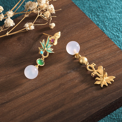 Title 2, Asymmetric Lotus Natural Chalcedony Earrings. E...
