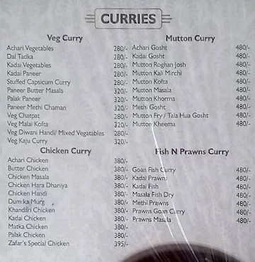 Zafar's Fine Dine menu 