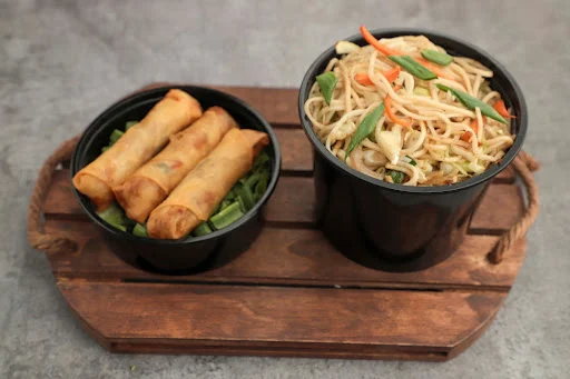 Chicken spring roll + chicken fried rice or chicken hakka noodles