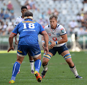 Arno Botha of the Bulls runs at Frans Malherbe of the Stormers during the United Rugby Championship 2021/2022 match at Cape Town Stadium earlier in the season.