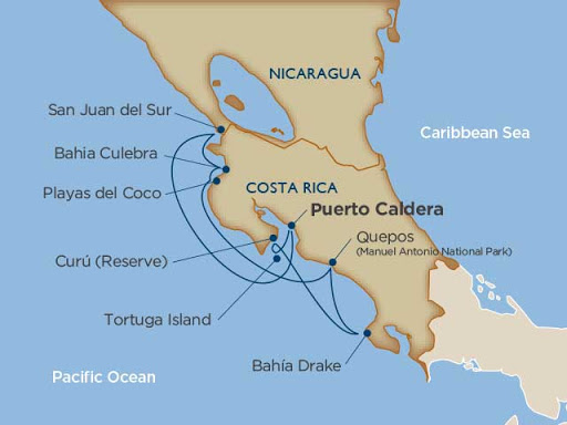 The itinerary of the Star Breeze on the west coast of Costa Rica.