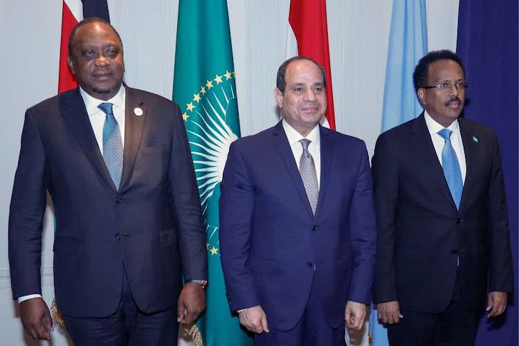 President Uhuru Kenyatta with the President of Somalia Mohamed Abdullahi Mohamed and the President of Egypt Abdel Fattah El-Sisi, when they held talks on the sidelines of the 74th session of the United Nations General Assembly on September 24, 2019.