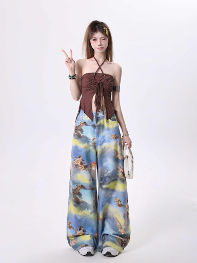 Title 3, Casual Angel Kitten Oil Painting Print Wide Leg...