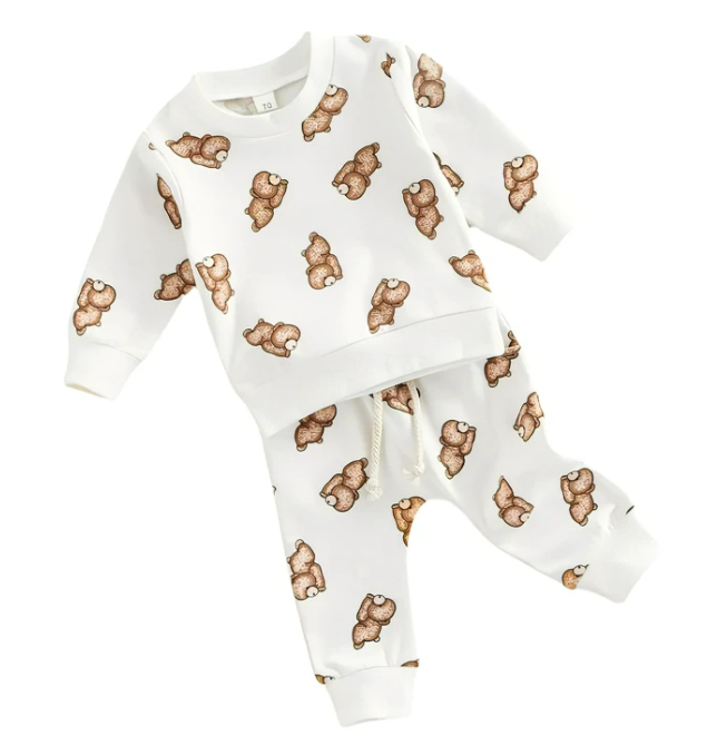 Conjunto infantil de moletom com estampa de desenho animado de outono, calças e blusa, confortável e perfeito para crianças.
