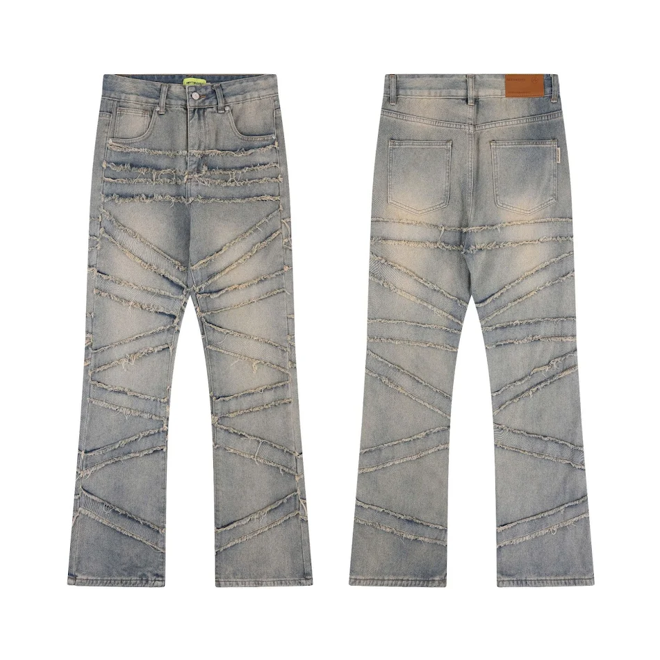 Jean homme High Street américain délavé, coutures et moustaches, effet vieilli, look tendance et confortable, parfait pour un style décontracté.