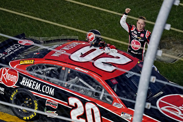 NASCAR Cup Series driver Christopher Bell celebrates winning the O'Reilly Auto Parts 253 at Daytona International Speedway at Daytona Beach, Florida, on February 21, 2021