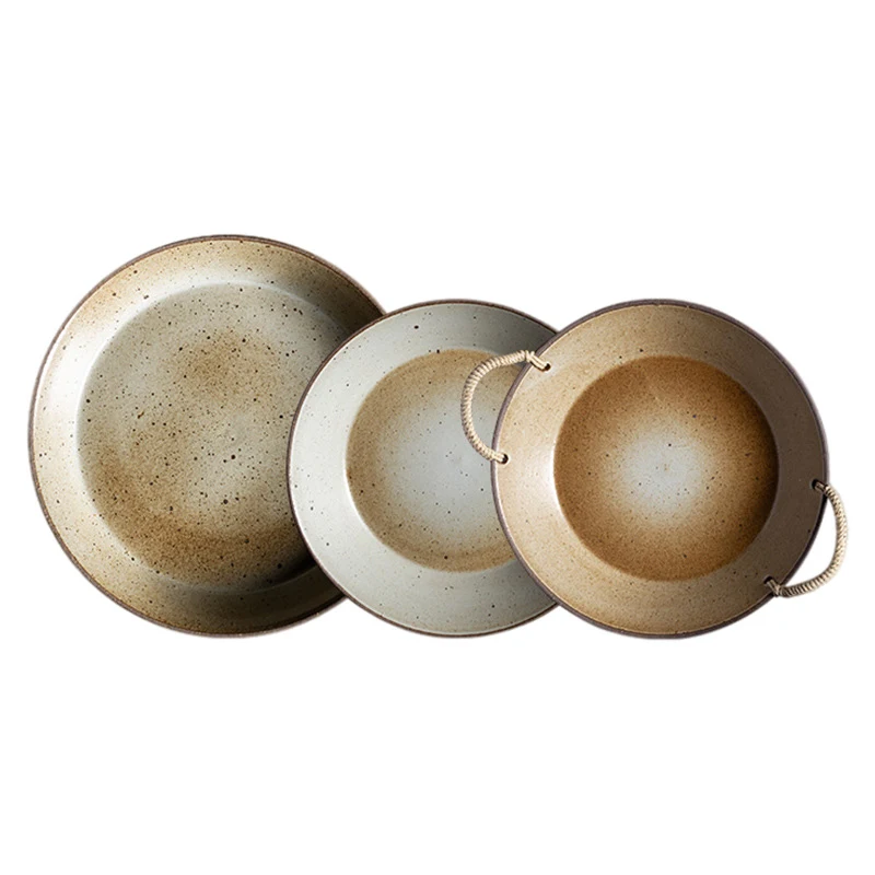 Handmade Coarse Pottery Retro Hemp Rope Double-Ear Bowl Plate Tableware, Adds a Touch of Rustic Charm to Your Dining Exp