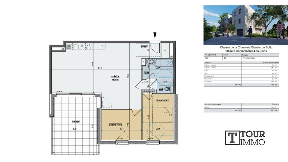 Vente appartement 3 pièces 74 m² à Charbonnières-les-Bains (69260), 530 000 €