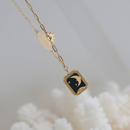 Title 9, Retro Star Moon Myth Epoxy Black Enamel Necklac...