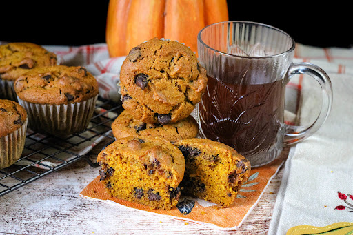 Chocolate Chip Pumpkin Muffins with a cup of tea.