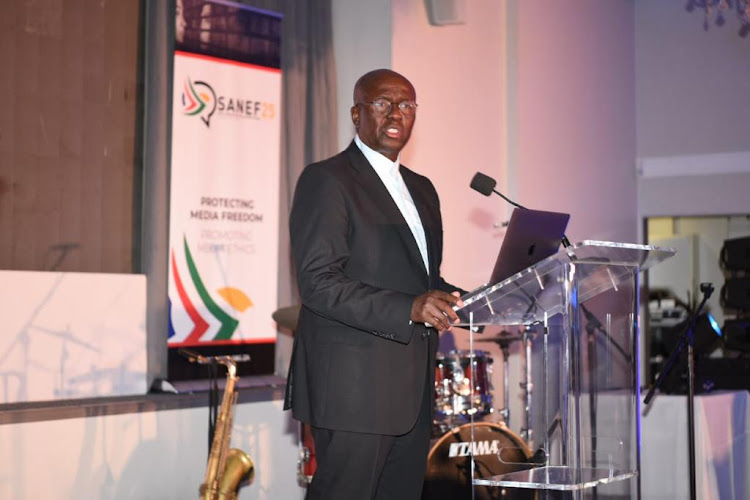 Dikgang Moseneke addresses a Sanef fundraiser on Friday.