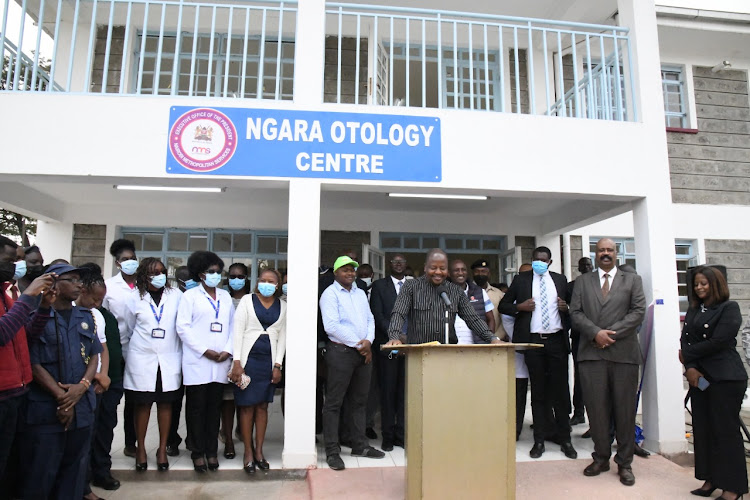 Health CS Mutahi Kagwe and Nairobi Metropolitan Services Director General Mohammed Badi during the commissioning of Ngara Otology Centre on July 20, 2022