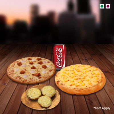 Exotic Tikka Pizza + Sweet Corn Pizza + Cheesy Garlic Bread+ Coke