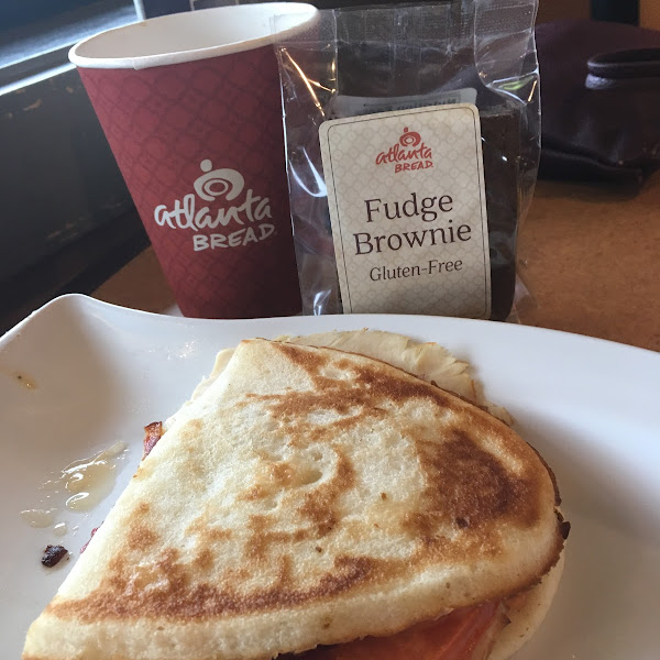 Turkey club on GF flatbread and GF brownie. Pricey, but a nice option as a treat.