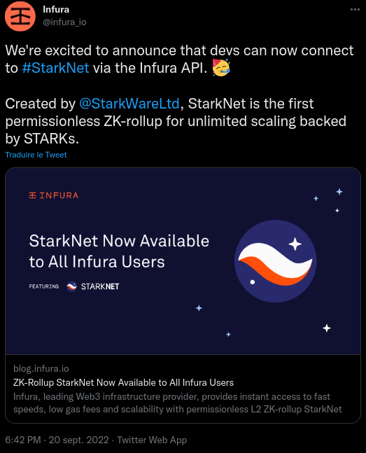 Infura annonce son déploiement sur Starknet.