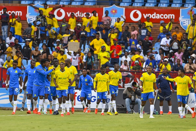 Mamelodi Sundowns players celebrate a goal during the 2-0 DStv Premiership win over Sekhukhune United at Loftus Versfeld Stadium on January 28 2023 in Pretoria.