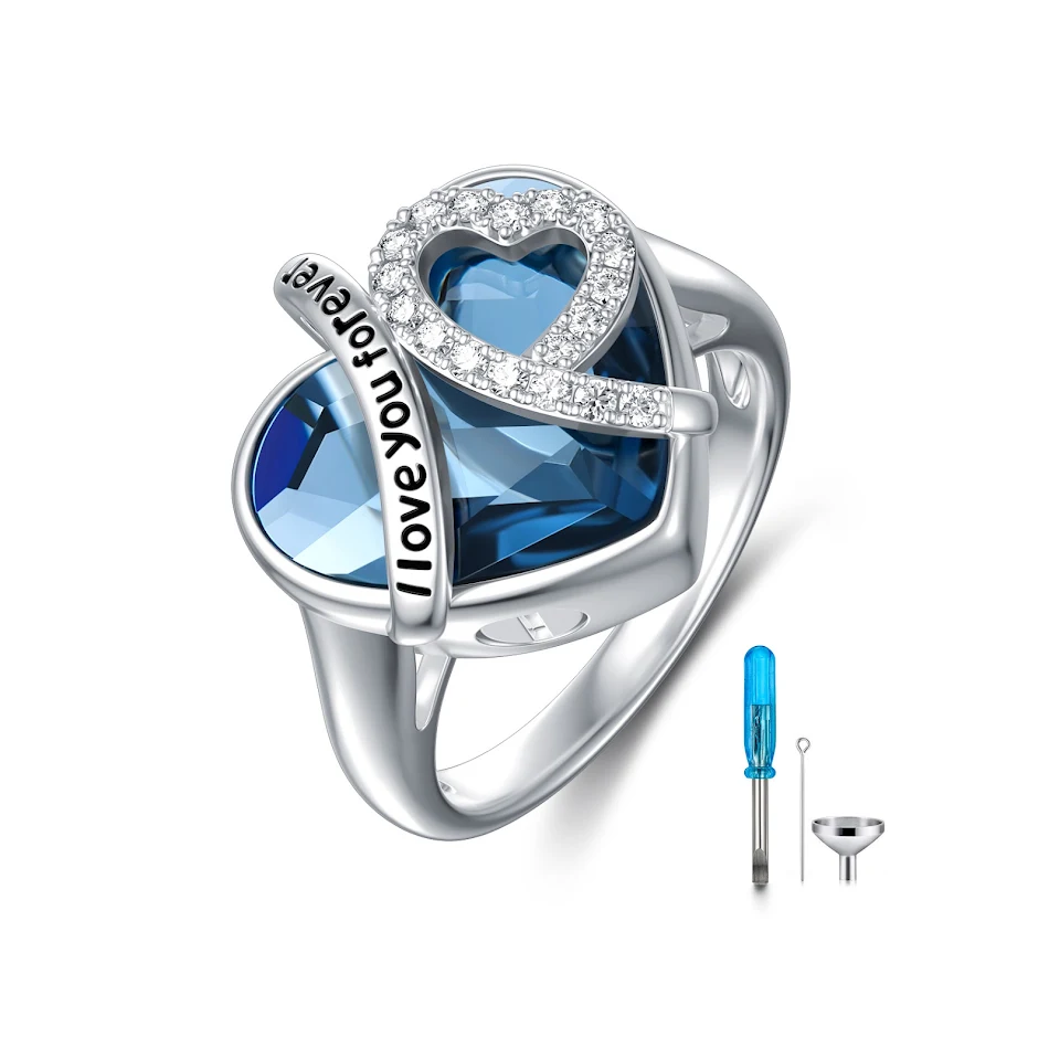Hart crematie urn ring, witgoud verguld sterling zilver met Oostenrijkse kristal, stijlvol as-sieraad.