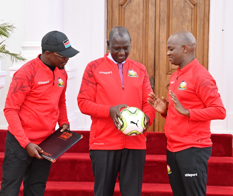 President William Ruto and CS for Sports Ababu Namwamba at the AFCON 2027 EAC Pamoja bid, State House, Nairobi on May 15, 2023