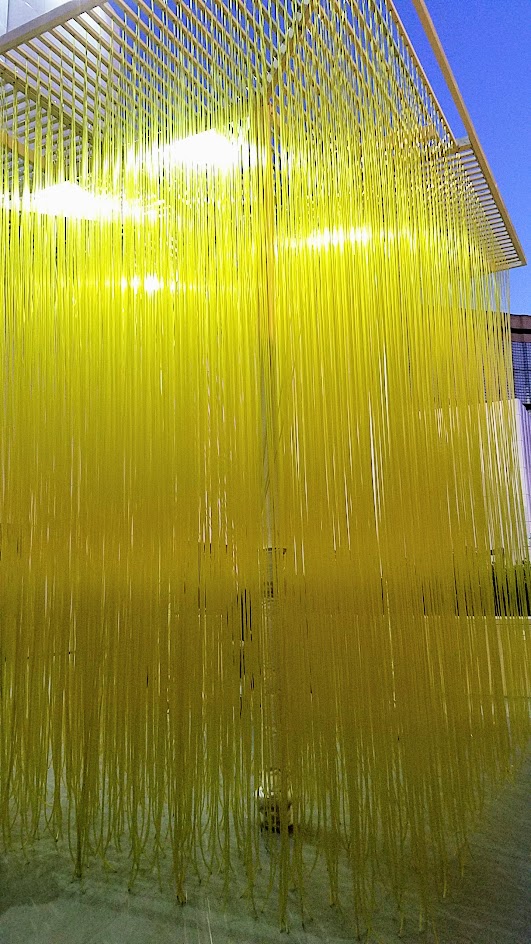 Jesús Rafael Soto's Penetrable, also known as Yellow Noodles or Spaghetti sometimes. It's a grid simply with yellow plastic hoses that viewers can interact with for free, on loan until Feb 2017 at LACMA in the main plaza