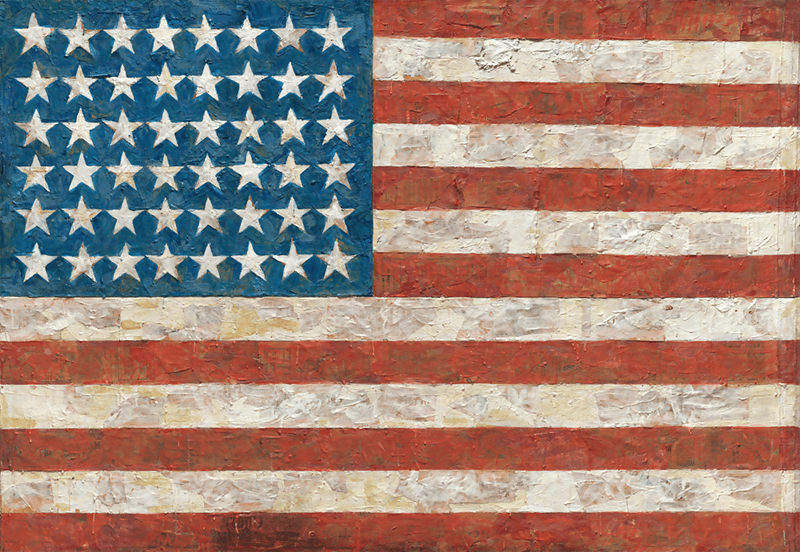 Flag, Jasper Johns, 1954, Encaustic, oil, and collage on fabric mounted on plywood, three panels, Museum of Modern Art.