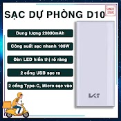 Sạc Dự Phòng Sạc Nhanh 100W Dung Lượng Khủng 20000Mah, Đèn Led Hiển Thị Rõ Ràng - D10