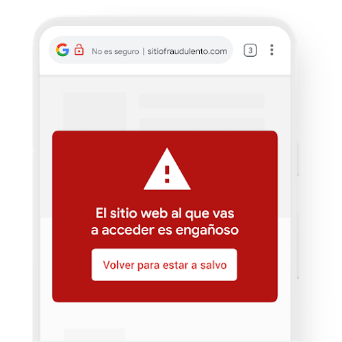Teléfono que muestra una notificación de advertencia de Google Chrome sobre un sitio web engañoso