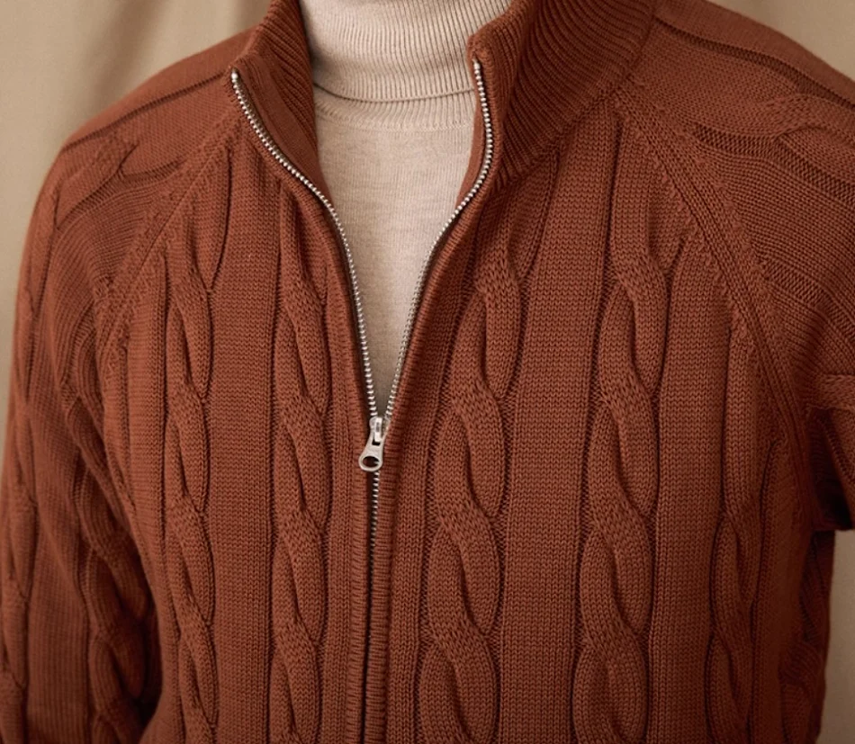 Pure Cotton Knitted British Thickened Heavy Weight Twisted Double Zipper Cardigan. Superior warmth and comfort. A stylis