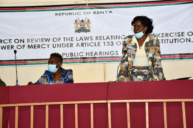 Power of Mercy Advisory Committe CEO Lydia Muriuki and Mwatate deputy county commissioner Damaris Kimondo during a public hearing in Taita Taveta county