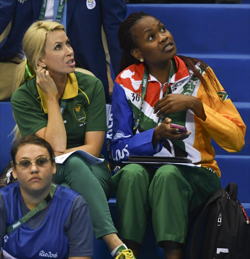 Bronwyn Roets and Jessica Choga, press attache's of Team South Africa, during day 2 of the Swimming at Olympic Aquatics Stadium on August 07, 2016 in Rio de Janeiro, Brazil. (Photo by Roger Sedres/Gallo Images)