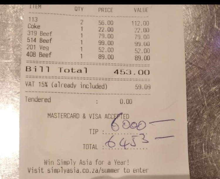 A Cape Town restaurant shared a receipt showing the generous tip for its staff from a loyal patron. Businesses in Johannesburg are also part of the campaign to help local hospitality businesses.