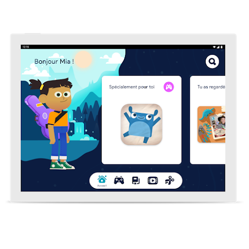 Écran affichant Google Kids Space avec un personnage animé représentant un enfant, et une application sélectionnée avec une créature qui saute.