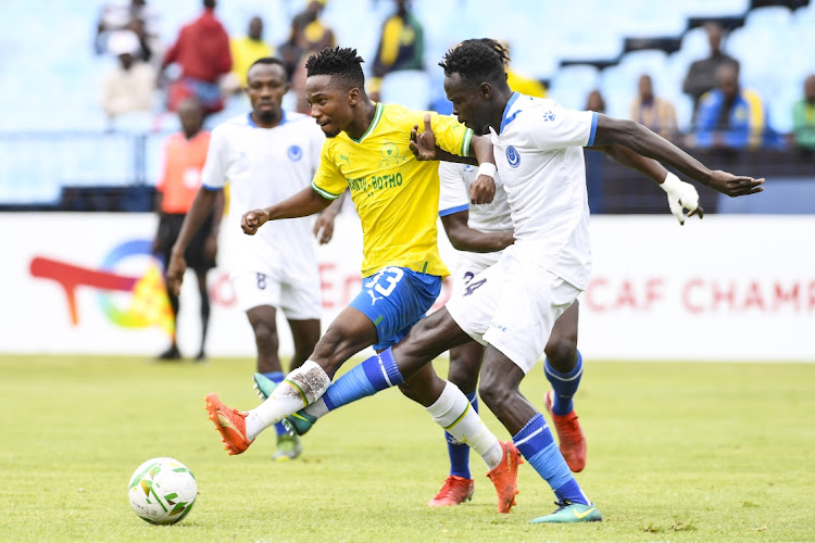 Cassius Mailula of Mamelodi Sundowns and Altayeb Abdalla of Al-Hilal during the CAF Champions League match between Mamelodi Sundowns and Al-Hilal at Loftus Stadium on February 11, 2023 in Pretoria.