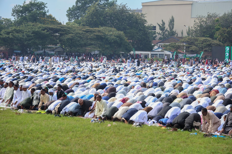 Hundreds of Muslim faithful pray during Eid-ul-Fitr celebrations at the Eastleigh High School Grounds on April 10, 2024