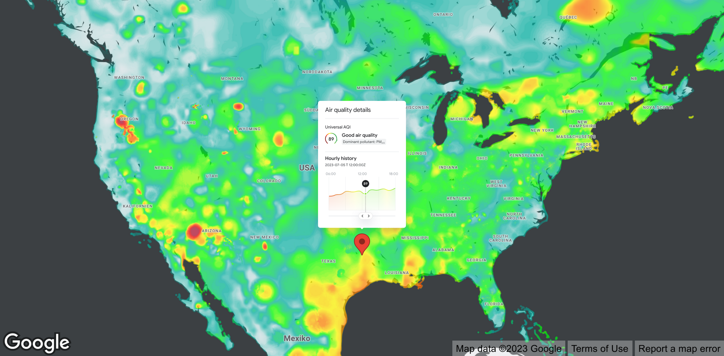 A heat map of air quality data across the US and showing specific data for a city in Texas. 