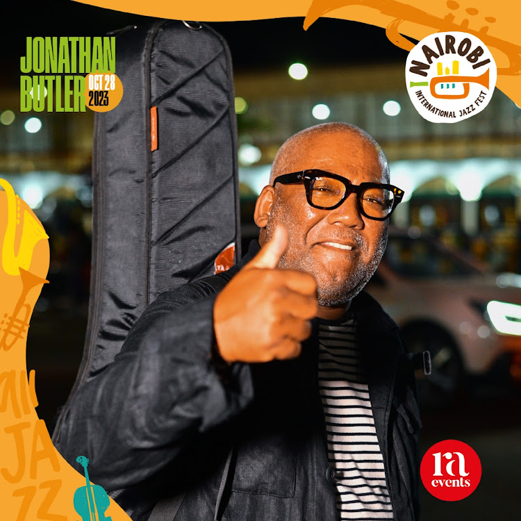 South African singer-songwriter and guitarist Jonathan Butler posing for a photo at JKIA, Nairobi on October 27, 2023