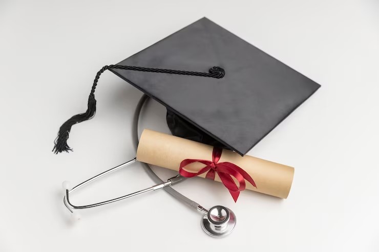 A graduation diploma and a graduation cap symbolise the achievement of a pharmacy degree.