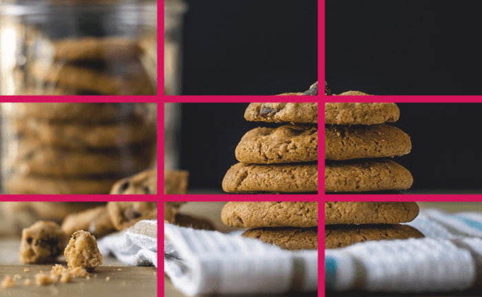 A stack of cookies with rule of thirds composition grid overlayed