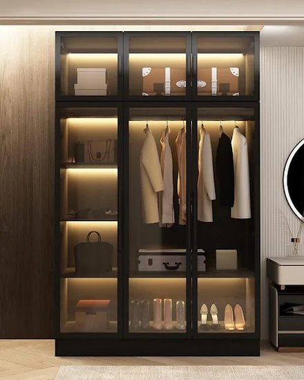 Wardrobe Armoire Closet with Glass Doors & LED Light Stri... - 3