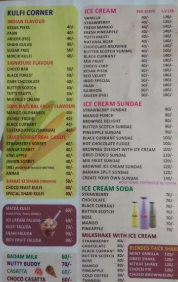 Indo Kulfi menu 