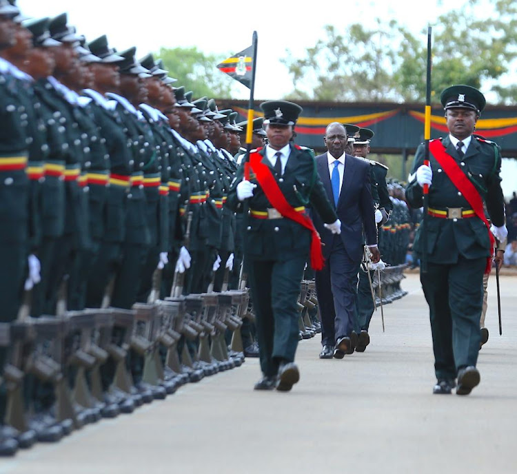 President William Ruto inspects a guard of honour mounted by the prions cadet officers on April 24,2023.