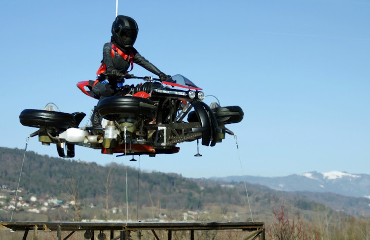 Look ma, no wheels! The Lazareth Moto Volante prototype hovers 1m off the ground attached to stabilising tethers.