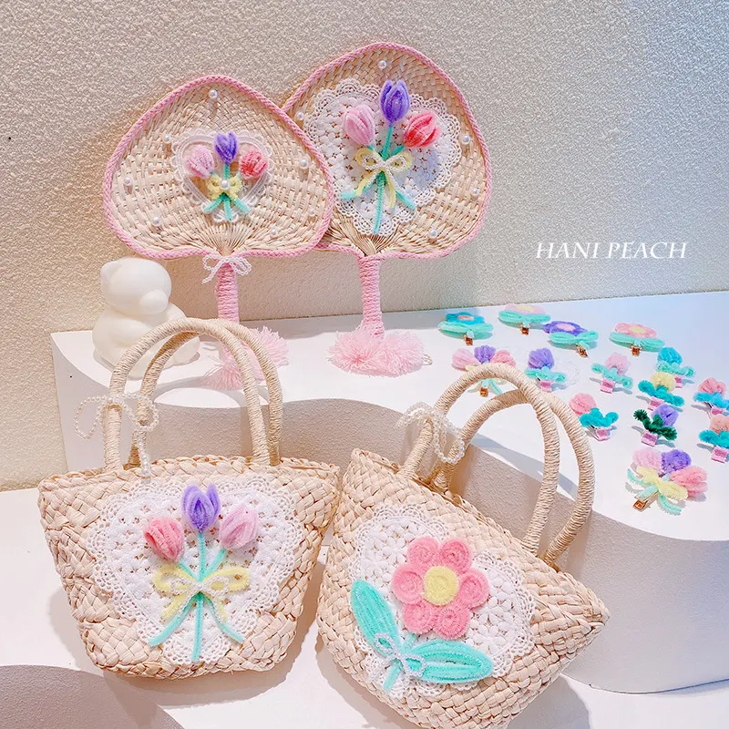 Sweet Flowers Lace Love Woven Handbag with Pearl Handheld Fan. Perfect for weddings, parties, and elegant events, adding