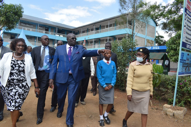 Education CS Magoha on a tour of the commissioning CBC classroom at Mwiki Secondary school in Kasarani constituency on June 6, 2022