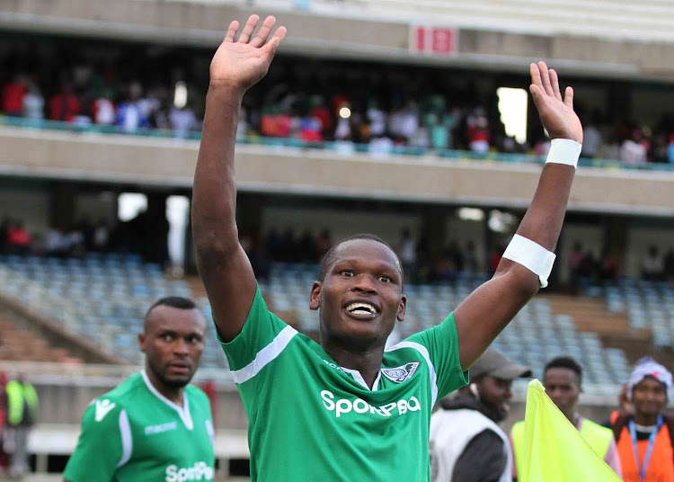 Nicholas Kikirui celebrates after scoring against AFC Leopards at Moi Stadium, Kasarani yesterday