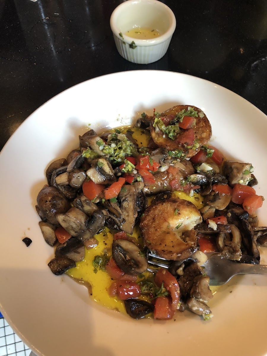Wild field mushrooms modified to be GF & DF. No polenta (cheese in it) and sauce swapped for chimichurri sauce, DELISH!!